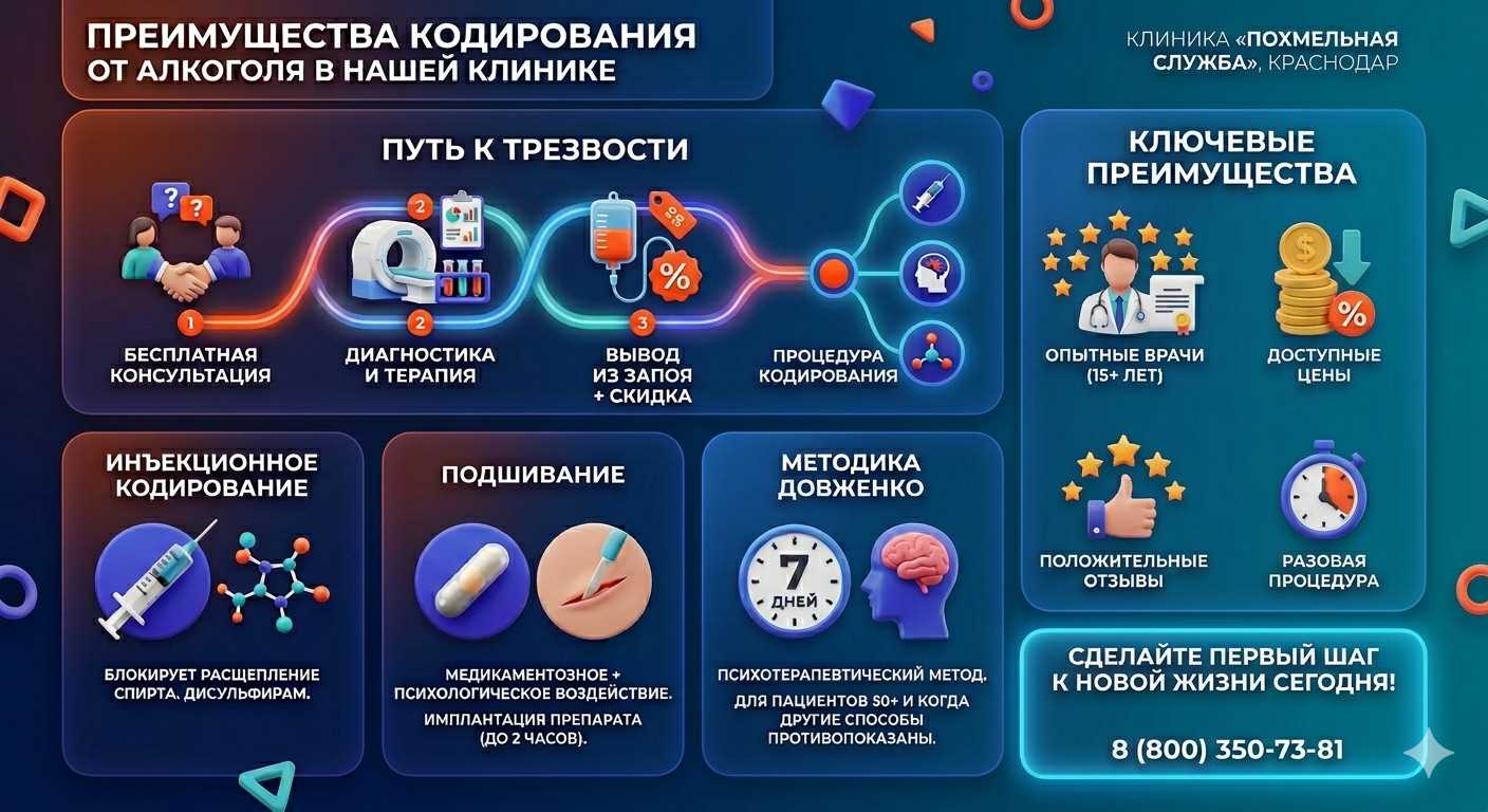 Инфографика о методах кодирования от алкоголя в Городище: инъекции, подшивание, метод Довженко. Преимущества клиники и этапы лечения.