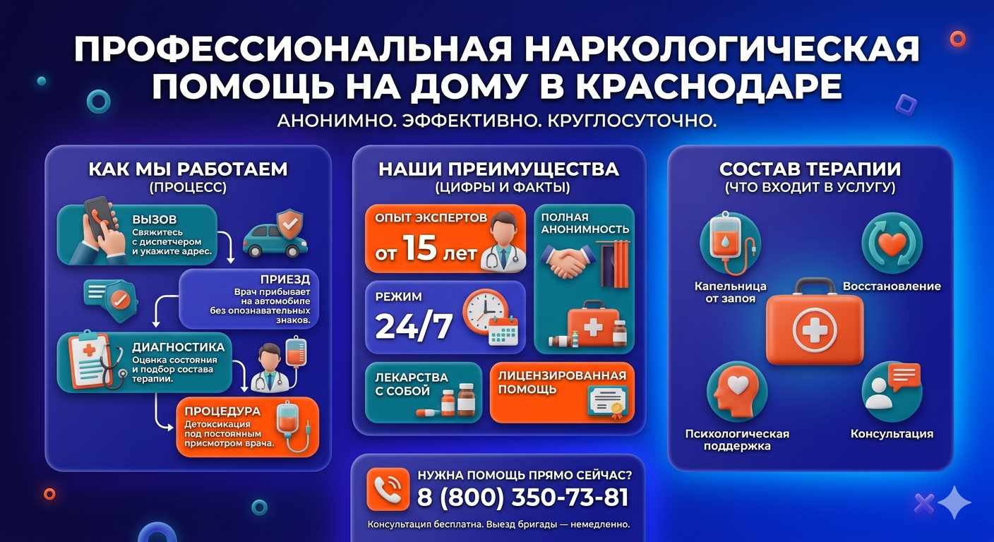 Инфографика о принципах лечения алкоголизма на дому в Городище: этапы вызова нарколога, преимущества анонимной детоксикации и состав медицинской помощи.